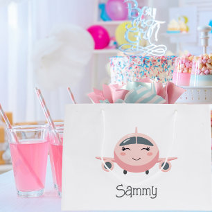 Rosa Karo süßes Flugzeug Mädchen Name Personalisie Große Geschenktüte