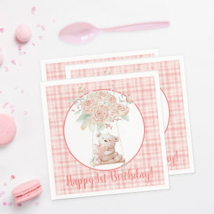 Rosa Karo Teddybär Geburtstag Serviette