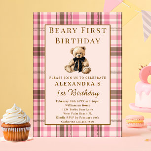 Rosa Karo Vintage Beary Erstes Mädchen 1. Geburtst Einladung