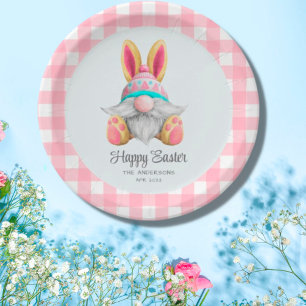 Rosa Karo-Wasserfarben-Gnom Ostern Pappteller