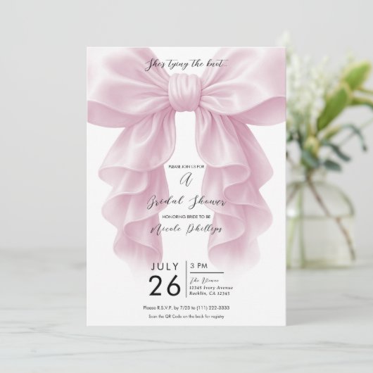 Rosa Kaskade Ruffle Bow Tying Knot Brautparty Einladung (Stehend Vorderseite)