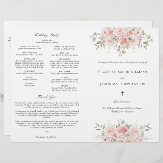 Rosa-katholische Hochzeitsfeier Programm (Vorne/Hinten)