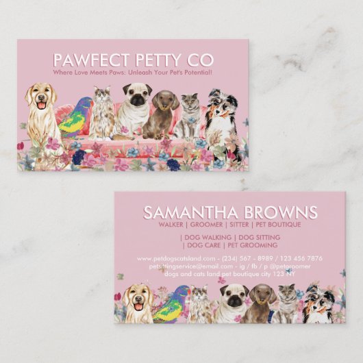 Rosa Katze Bird Dog Wasserfarben Blume Visitenkarte (Vorne/Hinten)