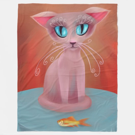 Rosa Katze Goldfish Blue Tablecloth Malerei Fleecedecke (Vorderseite)