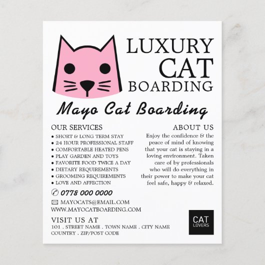 Rosa Katze, Katze Boarding, Werbung für Katzen Flyer (Vorne)