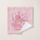 Rosa Katze mit Geige Badhandtuch Set (Waschlappen)