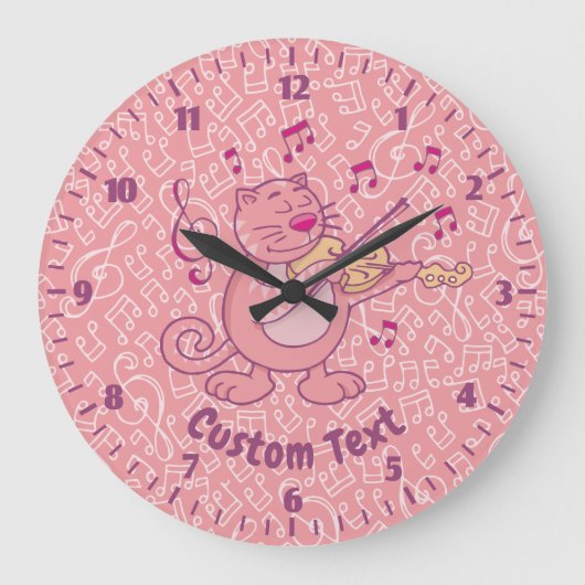 Rosa Katze mit Geige Große Wanduhr (Vorderseite)