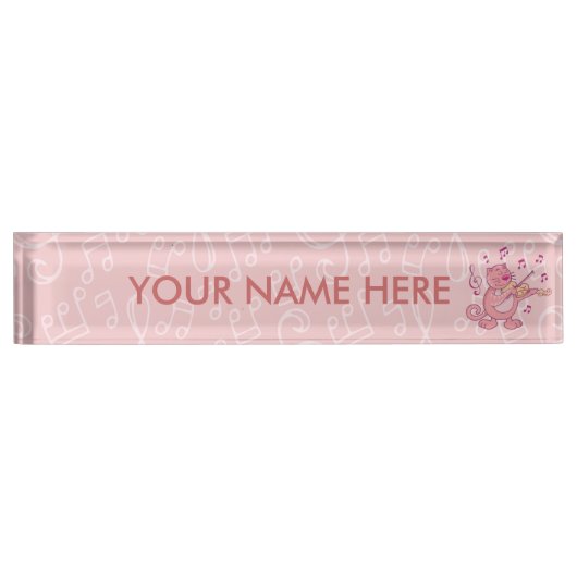 Rosa Katze mit Geige Namensplakette (Vorderseite)