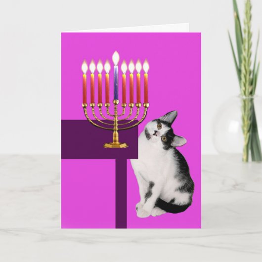 Rosa Katze und Menorah Chanukka Karte (Vorderseite)