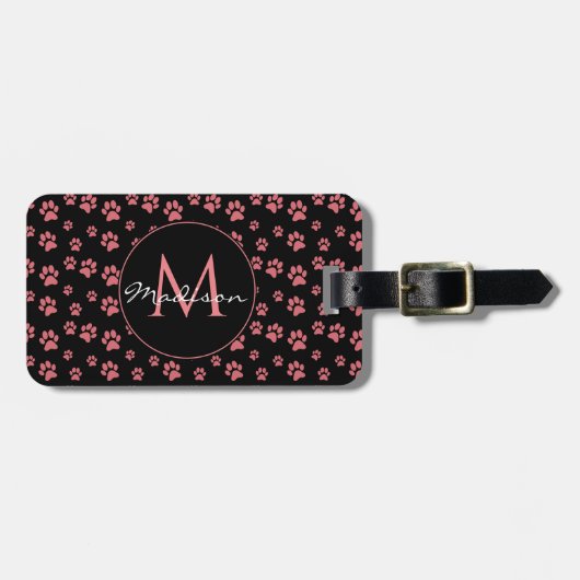 Rosa Katzenpfoten Süßes Muster Monogramm Gepäckanhänger (Vorderseite horizontal)