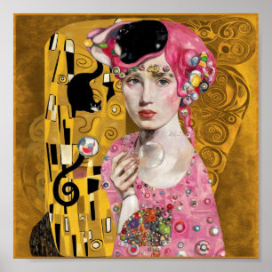 Rosa Kaugummi-Dame mit Gustav Klimt Katzenkunst Poster