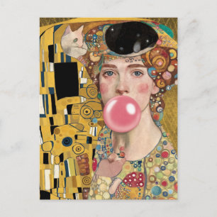Rosa Kaugummi-Dame mit Gustav Klimt Katzenkunst Postkarte