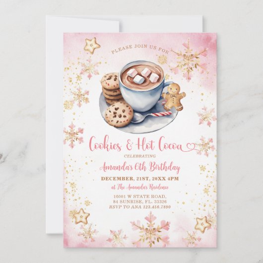 Rosa Kekse und heißer Kakao-Schneeflocken 6. Gebur Einladung (Vorderseite)