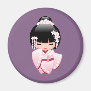 Rosa Kimono Kawaii Kokeshi Mädchen auf lila Rund Magnet
