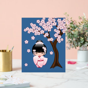 Rosa Kimono Kawaii Kokeshi-Puppe auf Blau Acrylschild