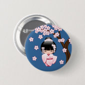 Rosa Kimono Kawaii Kokeshi-Puppe auf Blau Button (Vorne & Hinten)