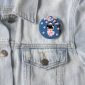 Rosa Kimono Kawaii Kokeshi-Puppe auf Blau Button (Beispiel)