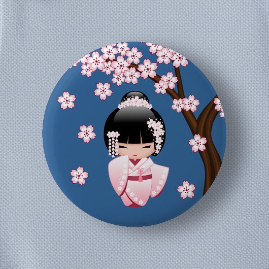 Rosa Kimono Kawaii Kokeshi-Puppe auf Blau Button