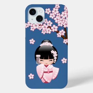 Rosa Kimono Kawaii Kokeshi Puppe auf Blau Case-Mate iPhone Hülle