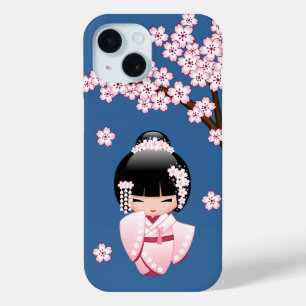 Rosa Kimono Kawaii Kokeshi Puppe auf Blau Case-Mate iPhone Hülle