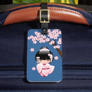 Rosa Kimono Kawaii Kokeshi-Puppe auf Blau Gepäckanhänger