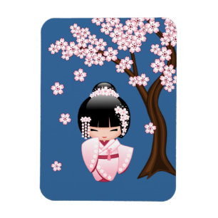 Rosa Kimono Kawaii Kokeshi-Puppe auf Blau Magnet