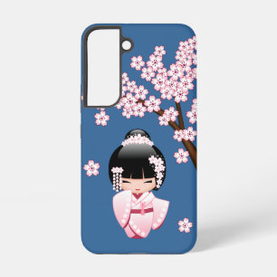 Rosa Kimono Kawaii Kokeshi Puppe auf Blau Samsung Galaxy Hülle