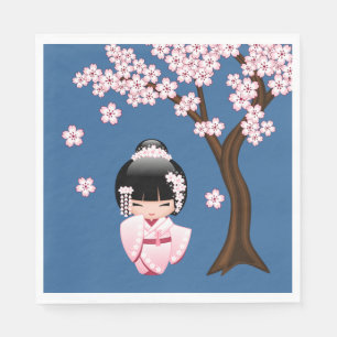Rosa Kimono Kawaii Kokeshi-Puppe auf Blau Serviette