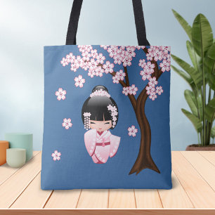 Rosa Kimono Kawaii Kokeshi-Puppe auf Blau Tasche