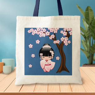 Rosa Kimono Kawaii Kokeshi-Puppe auf Blau Tragetasche