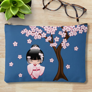 Rosa Kimono Kawaii Kokeshi-Puppe auf Blau Zubehörtasche