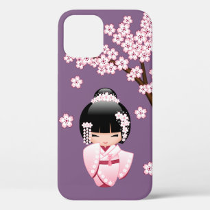 Rosa Kimono Kawaii Kokeshi-Puppe auf Lila Case-Mate iPhone Hülle