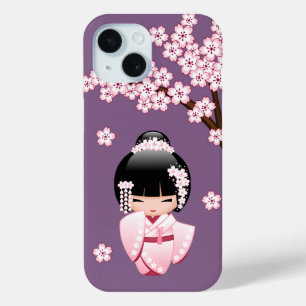 Rosa Kimono Kawaii Kokeshi-Puppe auf Lila Case-Mate iPhone Hülle
