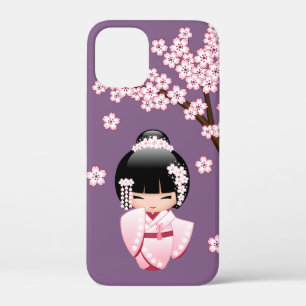 Rosa Kimono Kawaii Kokeshi-Puppe auf Lila Case-Mate iPhone Hülle