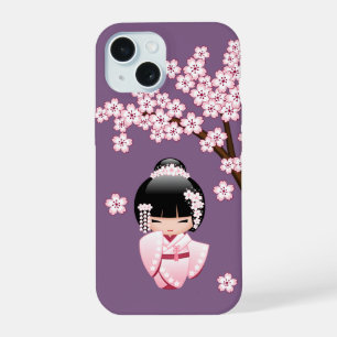 Rosa Kimono Kawaii Kokeshi-Puppe auf Lila iPhone 15 Hülle