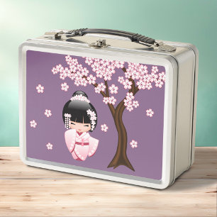 Rosa Kimono Kawaii Kokeshi-Puppe auf Lila Metall Brotdose
