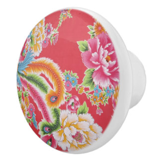 Rosa Kimono-Vintages Blumen-Pfau-Feder-Muster Keramikknauf