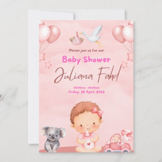 Rosa Kinderdusche Einladung für Mädchen - Niedlich (Vorderseite)