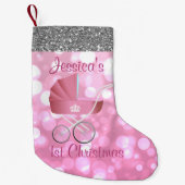 Rosa Kinderwagen Bokeh silberner Imitat-Glitzer Kleiner Weihnachtsstrumpf (Vorderseite)