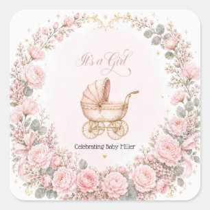 Rosa Kinderwagen - Es ist ein Mädchen Baby Shower  Quadratischer Aufkleber