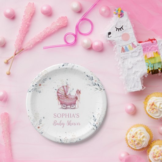 Rosa Kinderwagen Pappteller (Party)