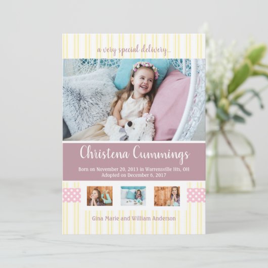 Rosa Kinderzimmer Streifen Adoption Ankündigung (Stehend Vorderseite)