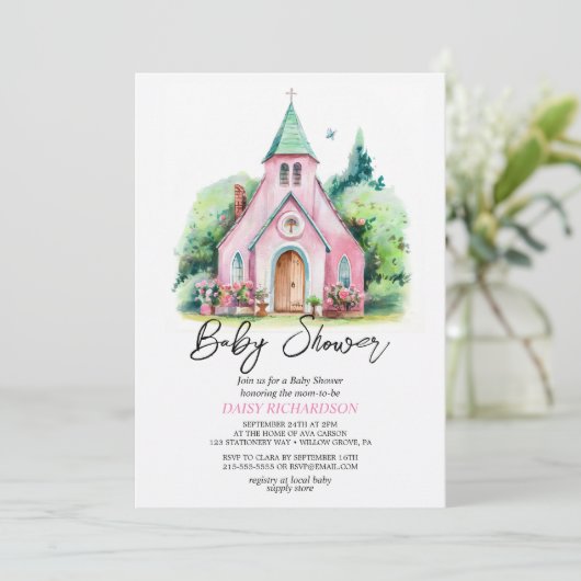 Rosa Kirchenblütendusche Kinderdusche Einladung (Stehend Vorderseite)