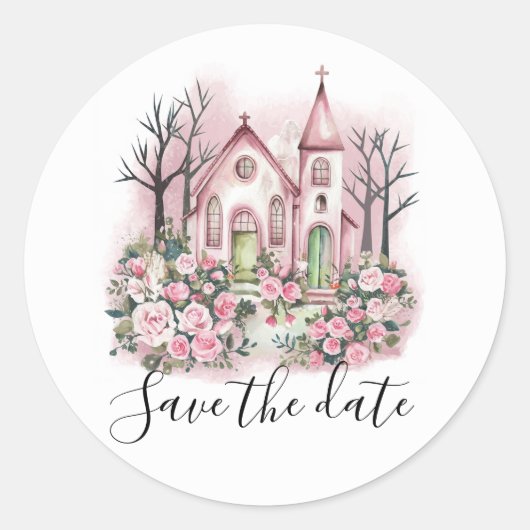rosa kirchliche floral wasserfarbe save the date runder aufkleber (Vorderseite)