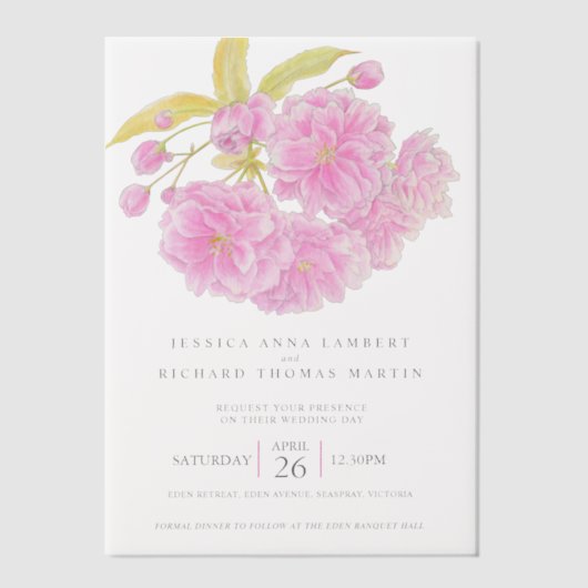 Rosa Kirschbaumblüte Aquarell Foto Hochzeit Pergament Einladungen (Vorderseite)