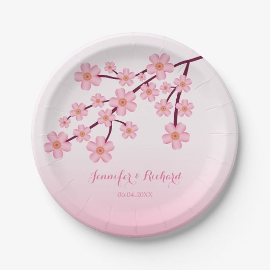 Rosa Kirschblossom Baumzweig mit Namen Hochzeit Pappteller (Vorderseite)