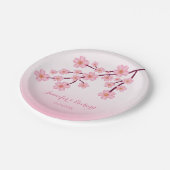 Rosa Kirschblossom Baumzweig mit Namen Hochzeit Pappteller (Schrägansicht)