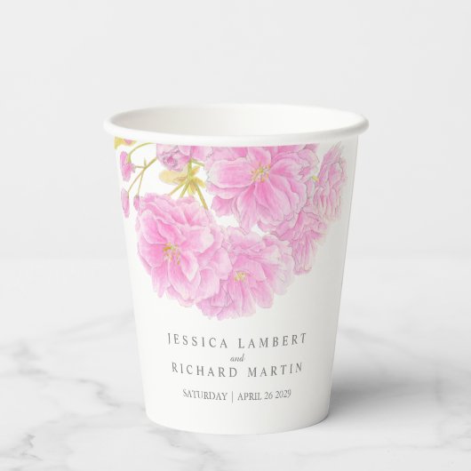 Rosa Kirschblüte Aquarellfarben Blume Hochzeitscup Pappbecher (Rückseite)