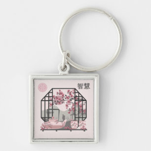 Rosa Kirschblüte Bonsai Asiatisches Grafikdesign Schlüsselanhänger