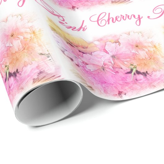 Rosa Kirschblüte Farbskizze Blume Foto Geschenkpapier (Rolleneckpunkt)